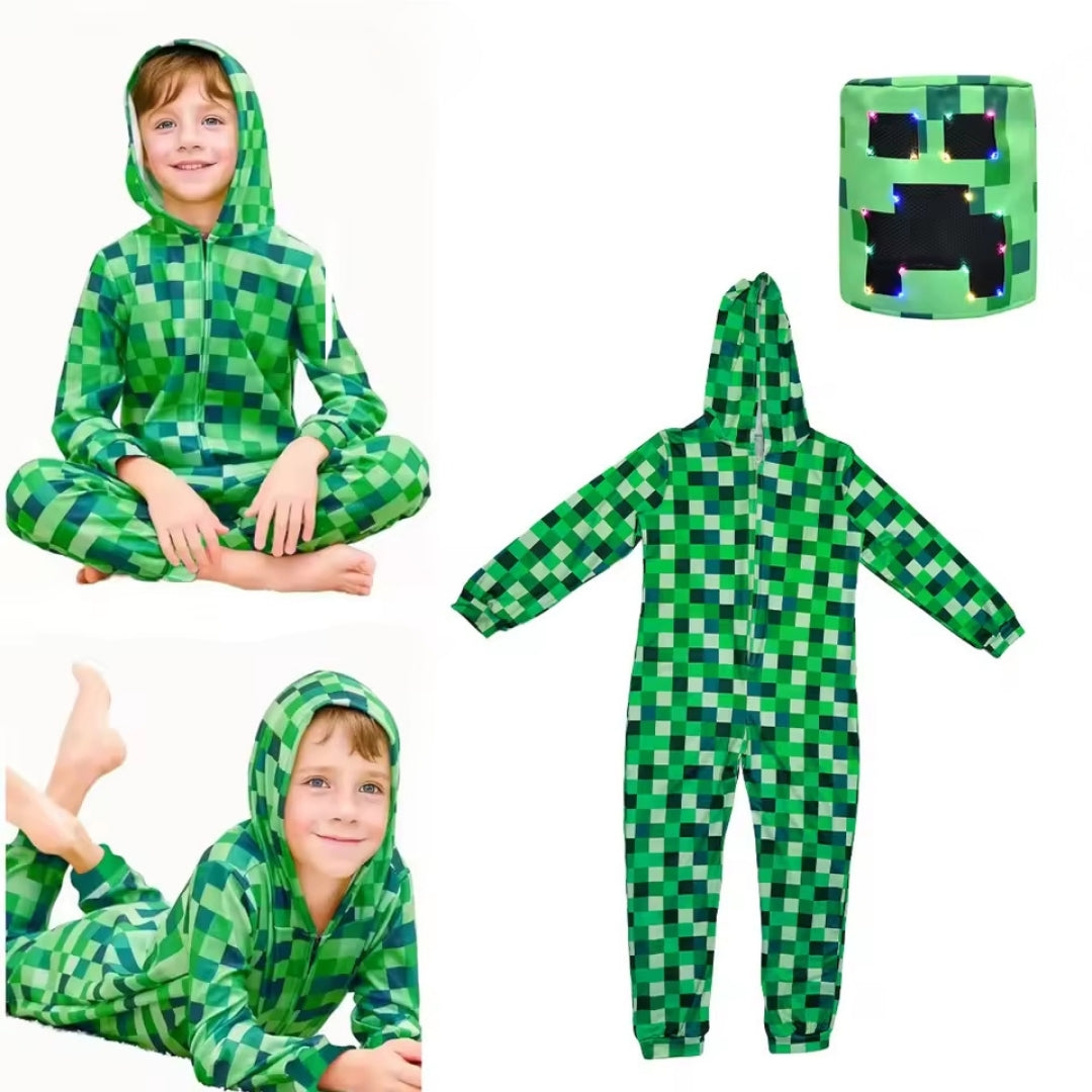 Block-Style Monster Bodysuit with Glowing Headpiece for Kids – Halloween Costume with Optional LED Feature | Thomler