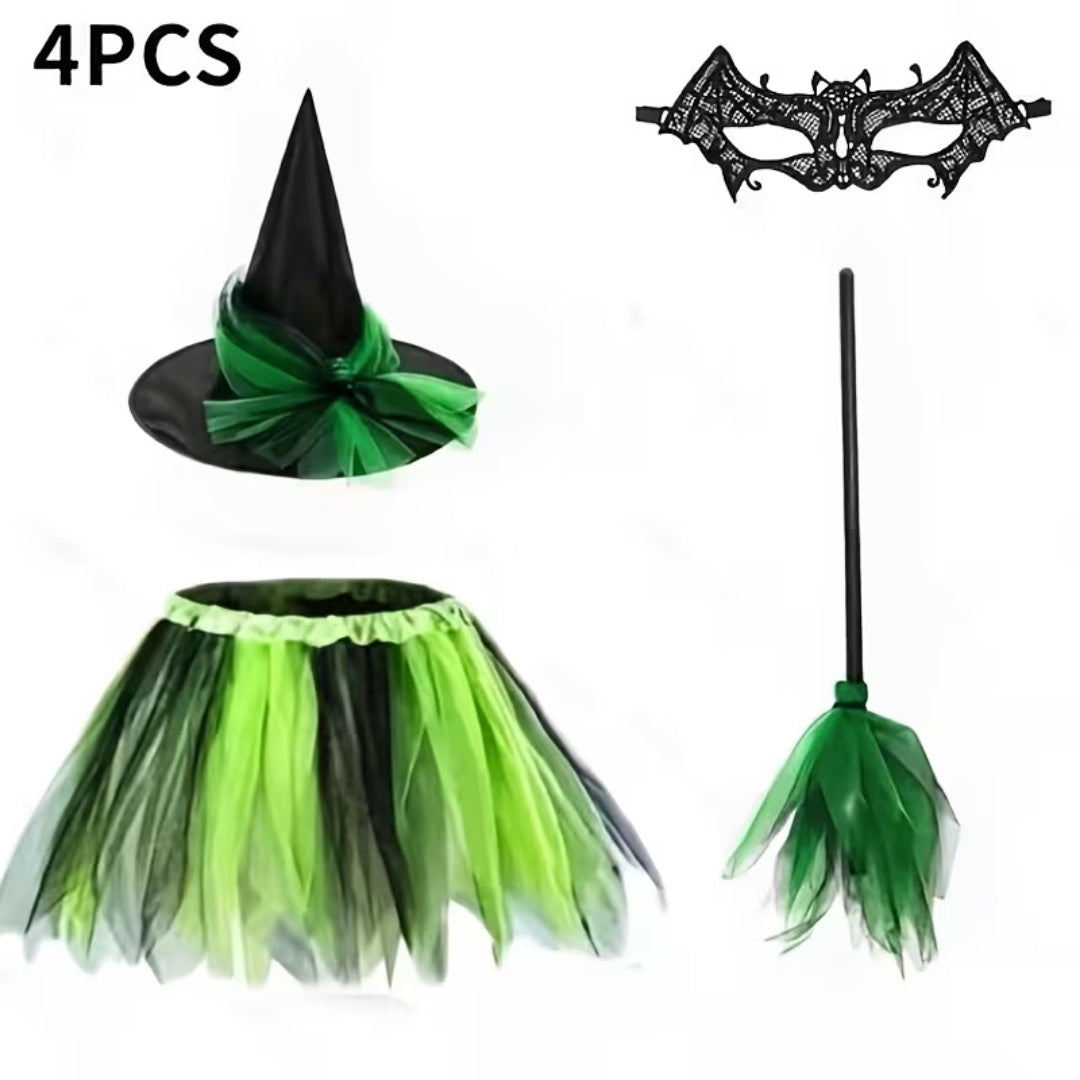 Adult Witch Costume with Hat, Lace Eye Mask & Broom – 4-Piece Halloween Outfit | Thomler