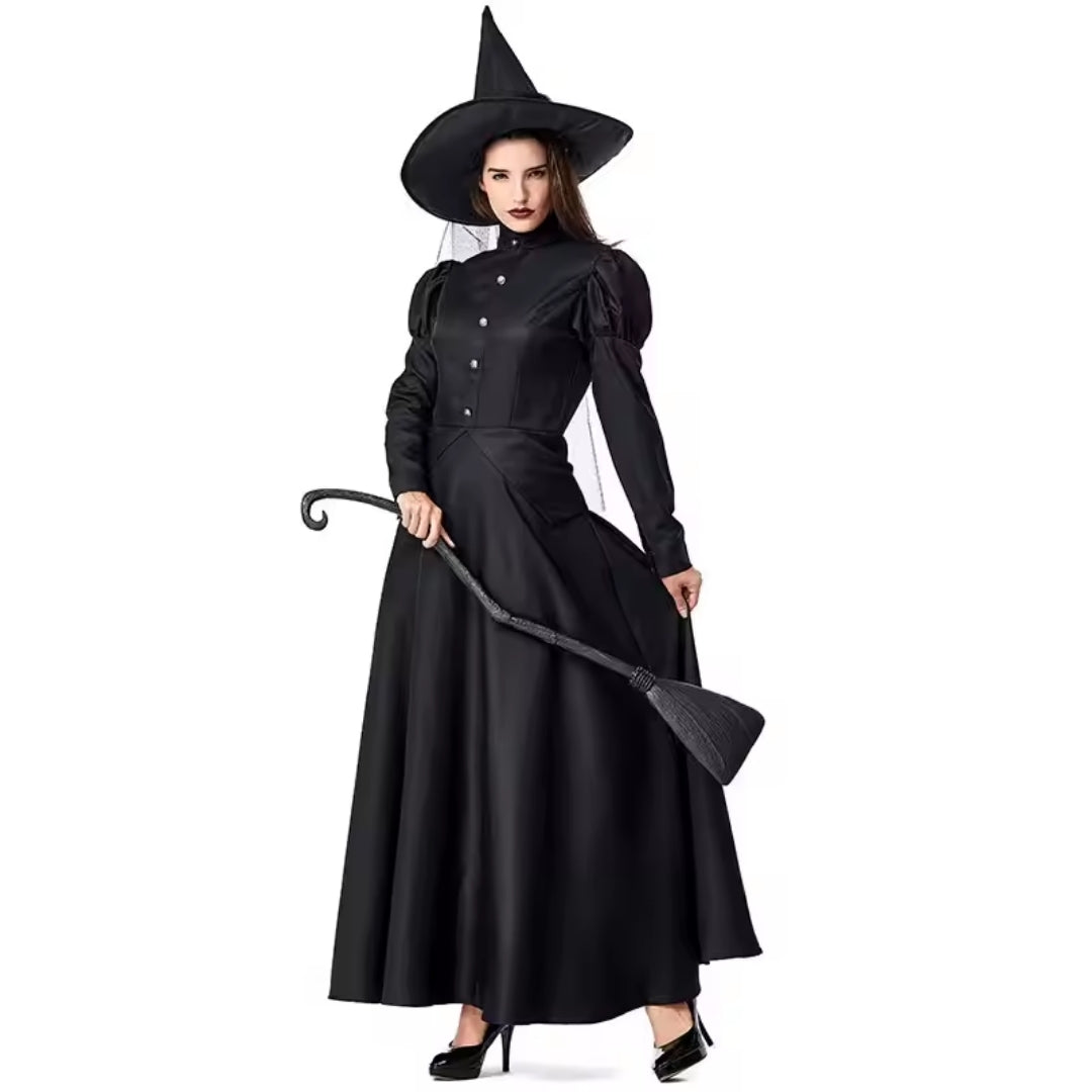 Classic Witch Costume Long Black Dress for Halloween Cosplay Parties & Dress-Up Events | Thomler