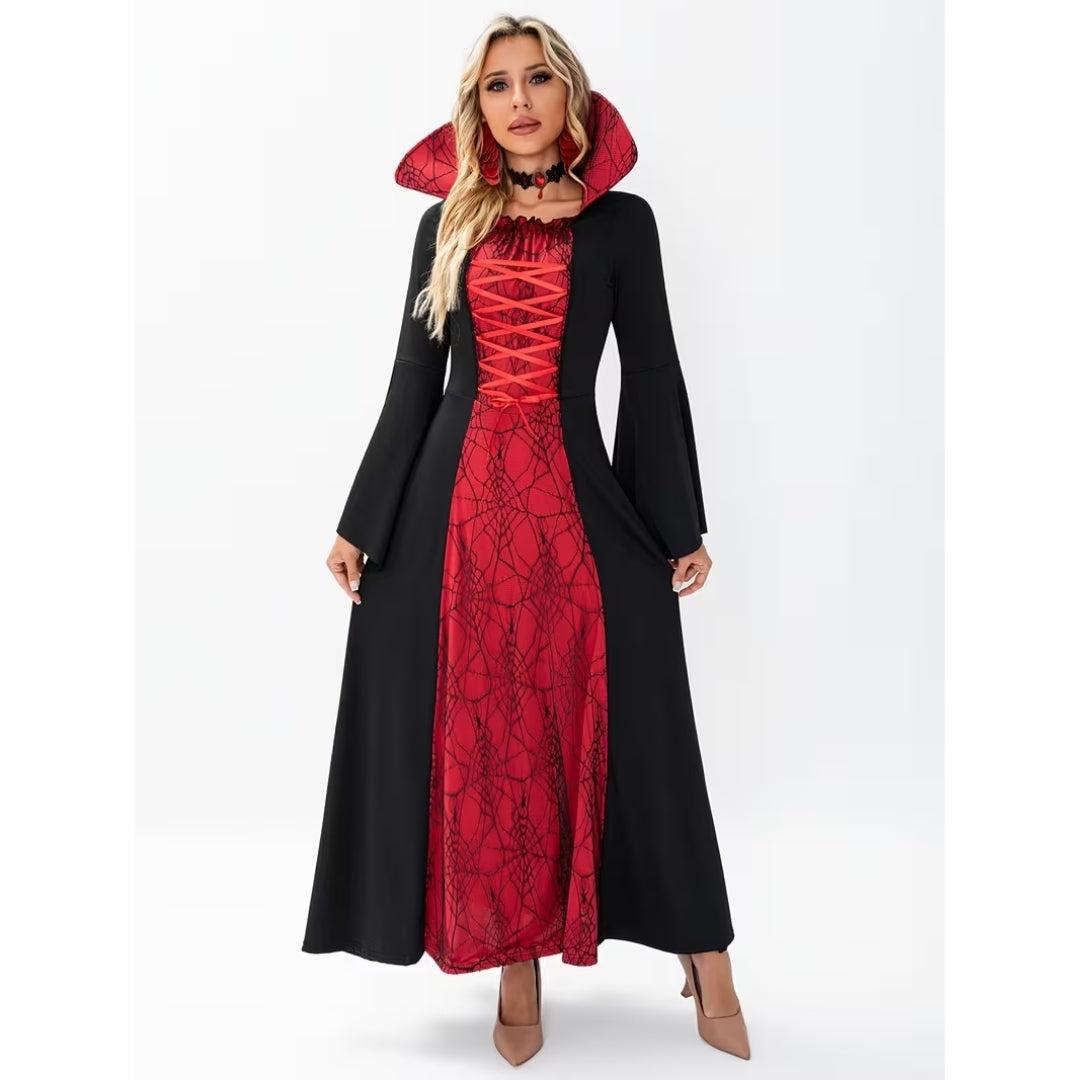 Women's Gothic Vampire Gown with Stand-Up Collar for Halloween & Cosplay – Red | Thomler