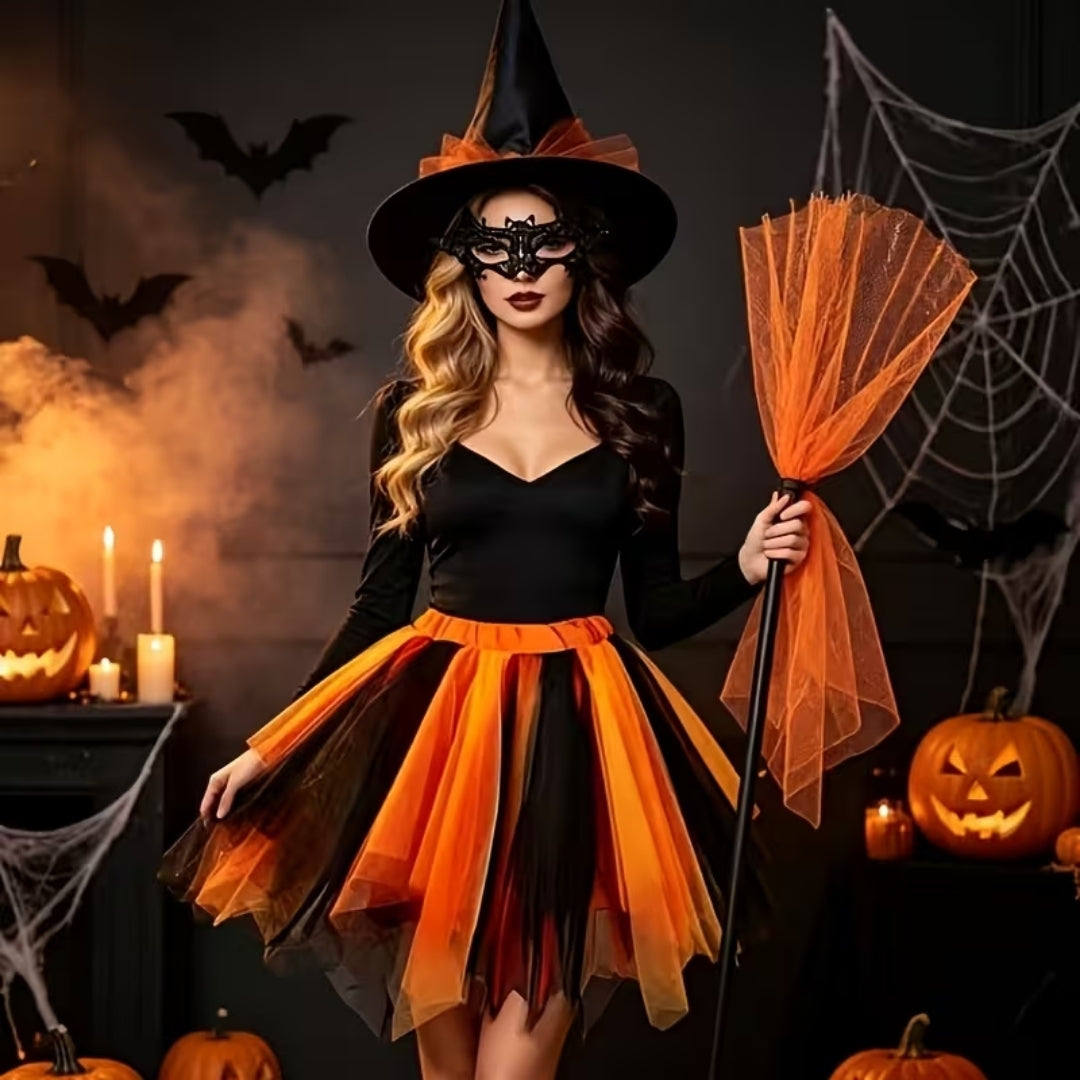 Adult Witch Costume with Hat, Lace Eye Mask & Broom – 4-Piece Halloween Outfit | Thomler