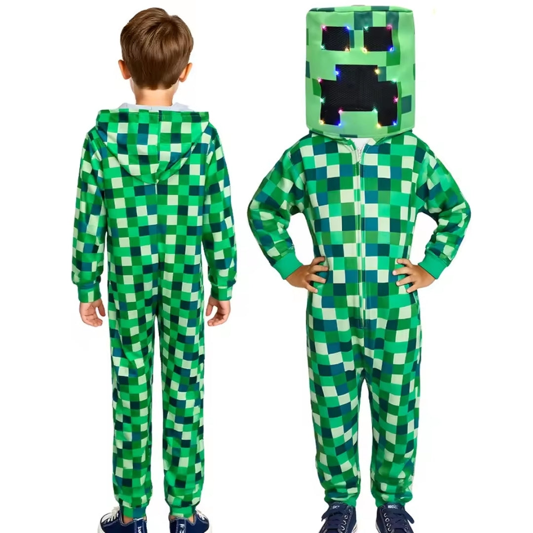 Block-Style Monster Bodysuit with Glowing Headpiece for Kids – Halloween Costume with Optional LED Feature | Thomler