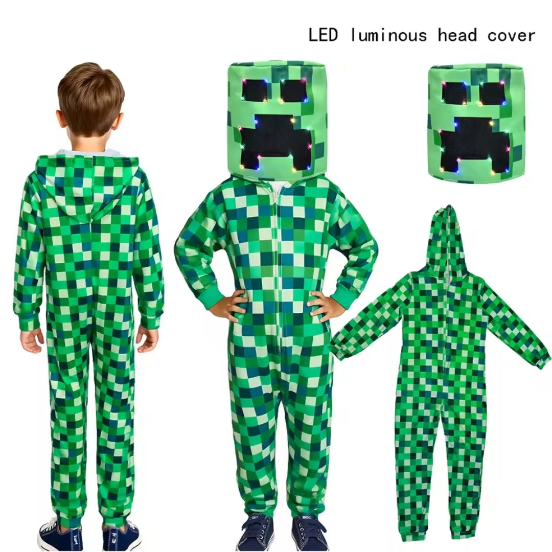 Block-Style Monster Bodysuit with Glowing Headpiece for Kids – Halloween Costume with Optional LED Feature | Thomler