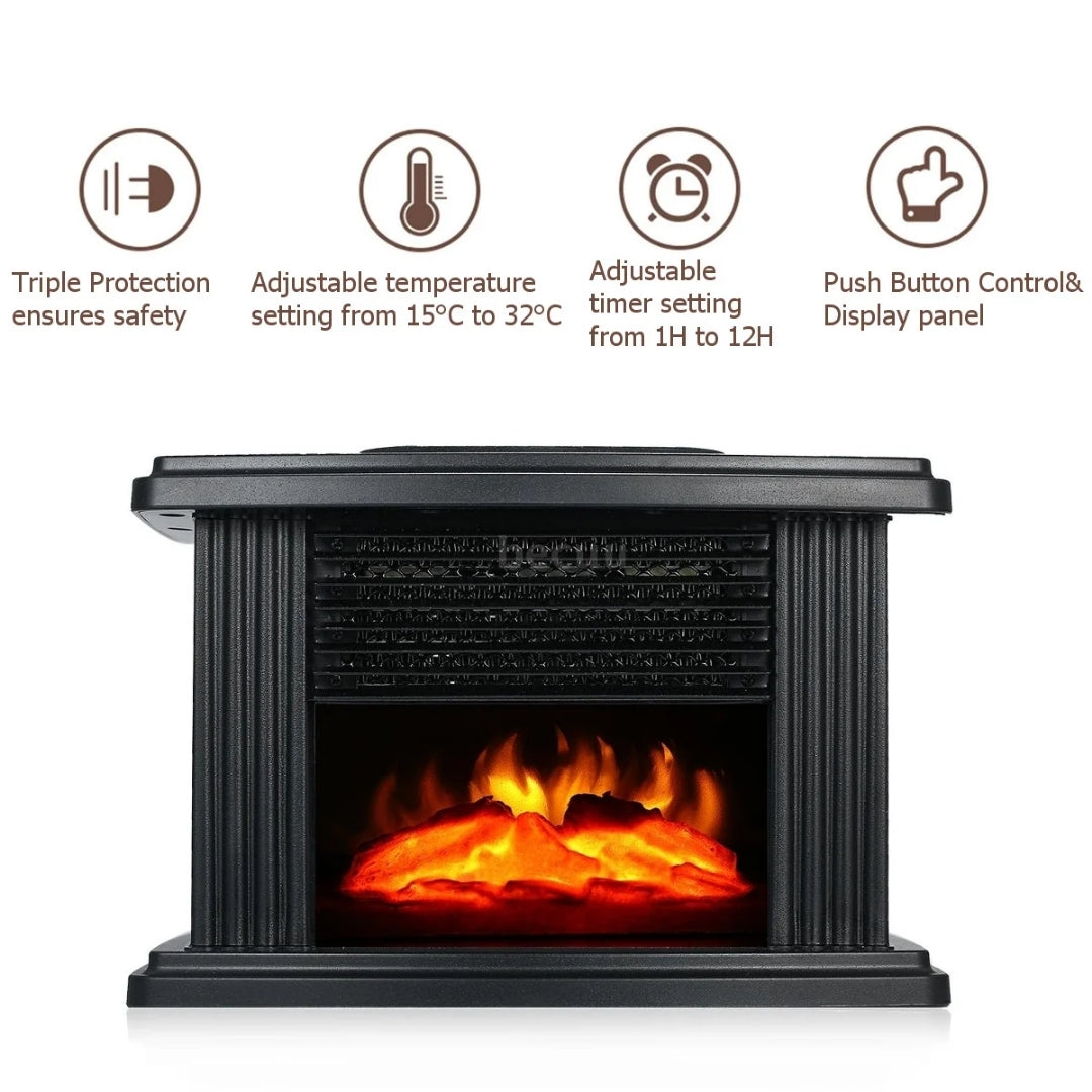 Compact Electric Fireplace Heater with Realistic Flame Effect and Digital Controls – 1000W Tabletop Space Heater for Living Room, Bedroom | Thomler