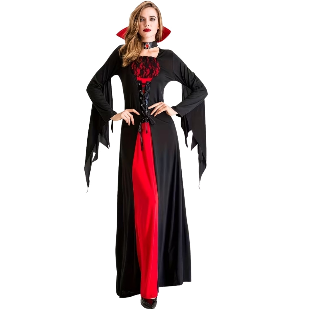 Gothic Vampire Dress with Stand-Up Collar & Lace Bodice for Halloween Costume Party Theater Cosplay Renaissance Gothic Wedding | Thomler