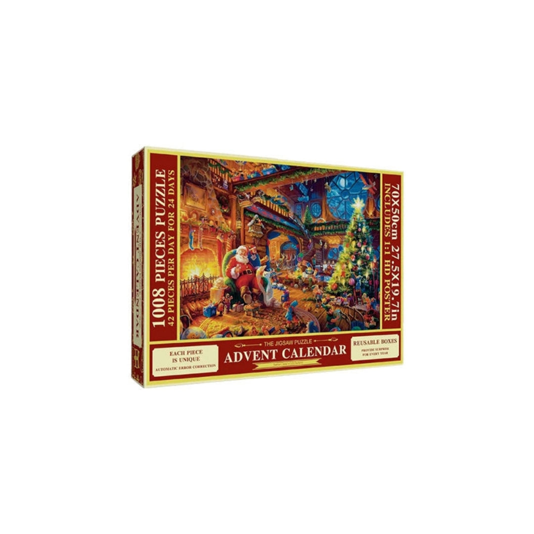Advent Calendar Christmas Jigsaw Puzzle 1008 Pieces – Daily 42-Piece Countdown Set with Workshop Scene & Poster for Kids & Adults | Thomler