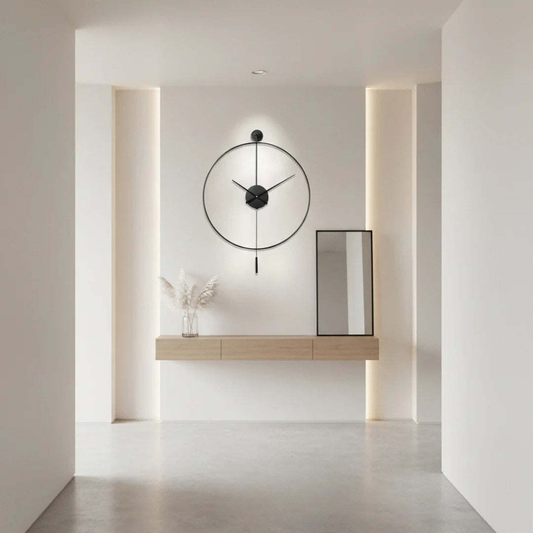 Large Silent Wall Clock with Pendulum – Metal Round Timepiece for Living Room & Bedroom – Quiet Quartz Movement – Modern Decorative Clock | Thomler