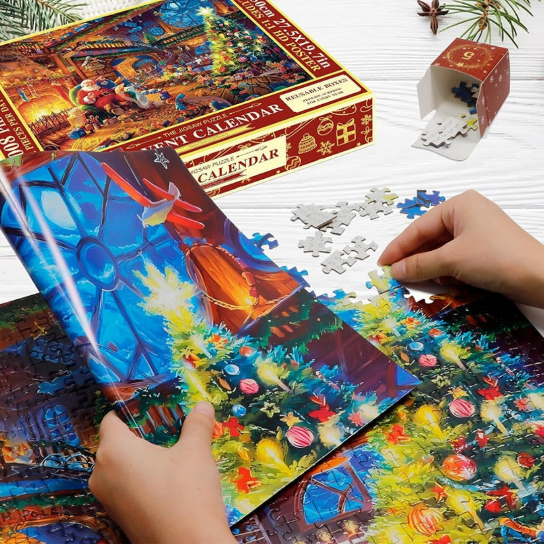 Advent Calendar Christmas Jigsaw Puzzle 1008 Pieces – Daily 42-Piece Countdown Set with Workshop Scene & Poster for Kids & Adults | Thomler