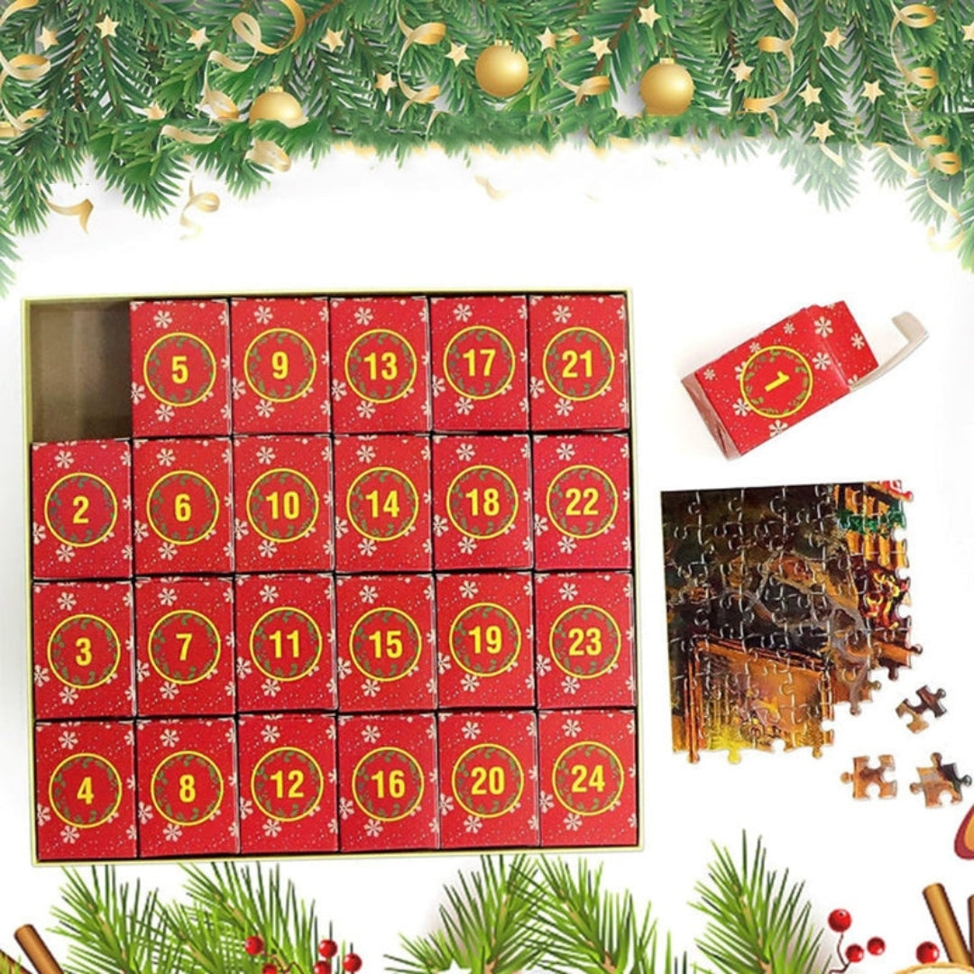 Advent Calendar Christmas Jigsaw Puzzle 1008 Pieces – Daily 42-Piece Countdown Set with Workshop Scene & Poster for Kids & Adults | Thomler