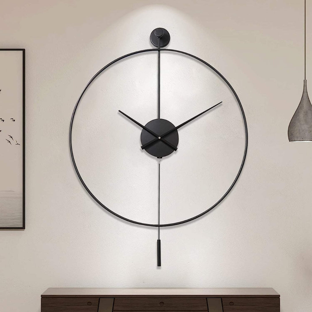 Large Silent Wall Clock with Pendulum – Metal Round Timepiece for Living Room & Bedroom – Quiet Quartz Movement – Modern Decorative Clock | Thomler