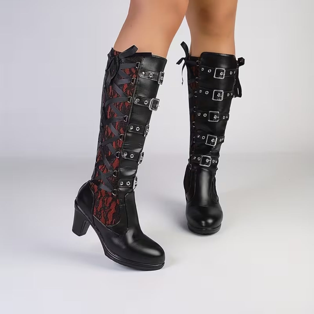 Tall Buckled Platform Boots with Lace Insets – Edgy Block Heel Gothic Statement Footwear for Women | Thomler