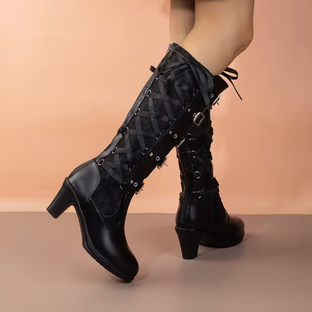 Tall Buckled Platform Boots with Lace Insets – Edgy Block Heel Gothic Statement Footwear for Women | Thomler