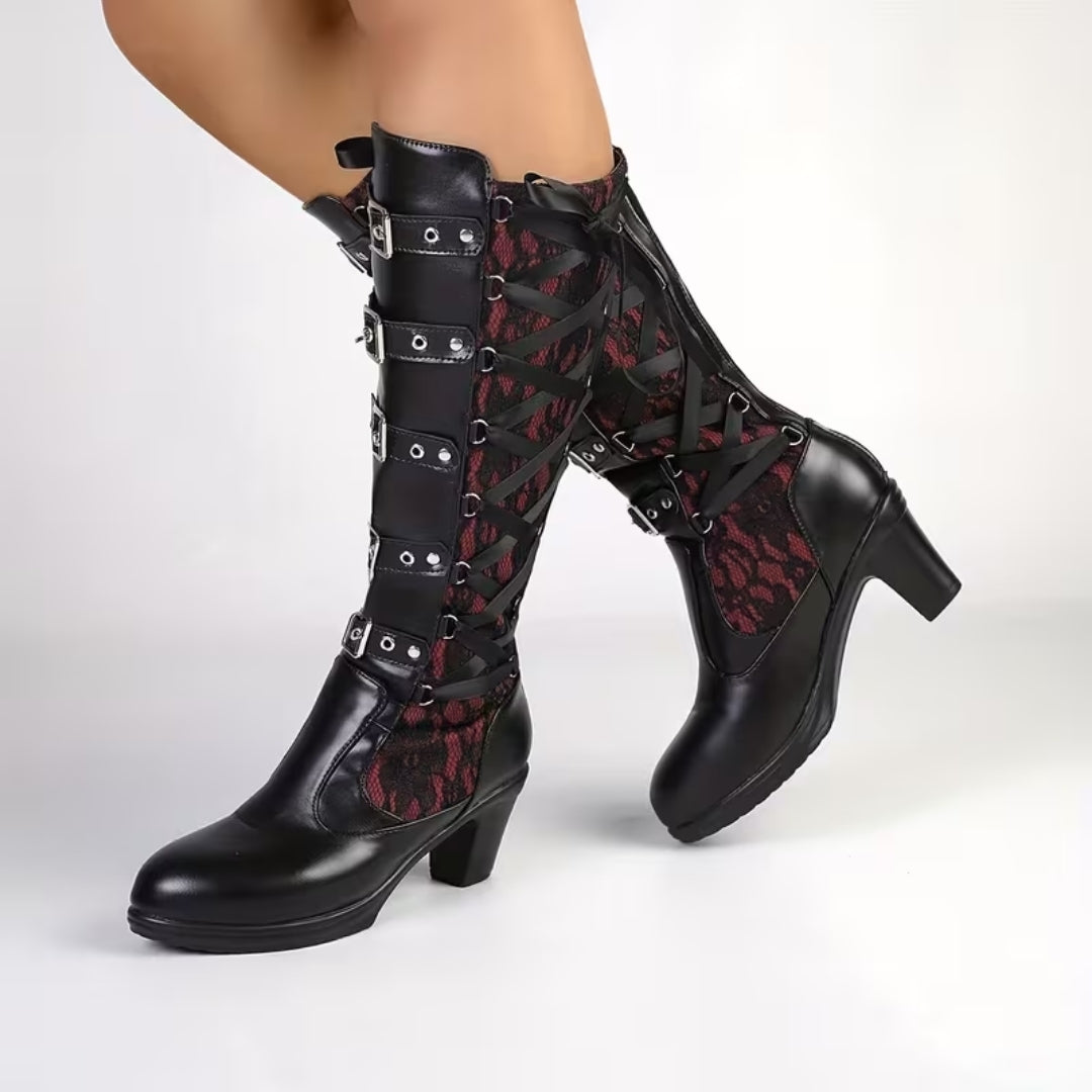 Tall Buckled Platform Boots with Lace Insets – Edgy Block Heel Gothic Statement Footwear for Women | Thomler