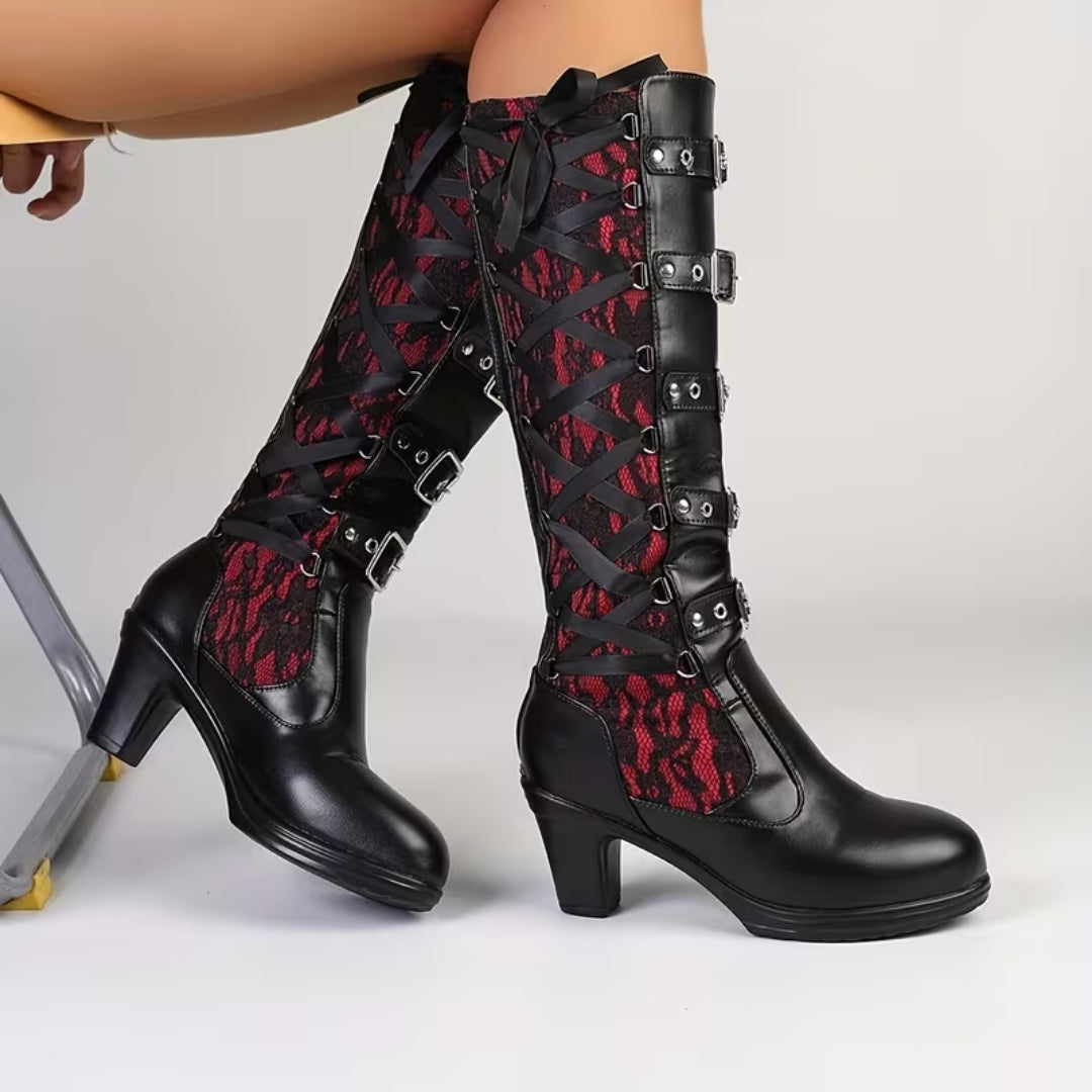 Tall Buckled Platform Boots with Lace Insets – Edgy Block Heel Gothic Statement Footwear for Women | Thomler