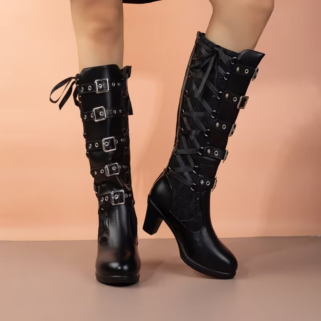 Tall Buckled Platform Boots with Lace Insets – Edgy Block Heel Gothic Statement Footwear for Women | Thomler