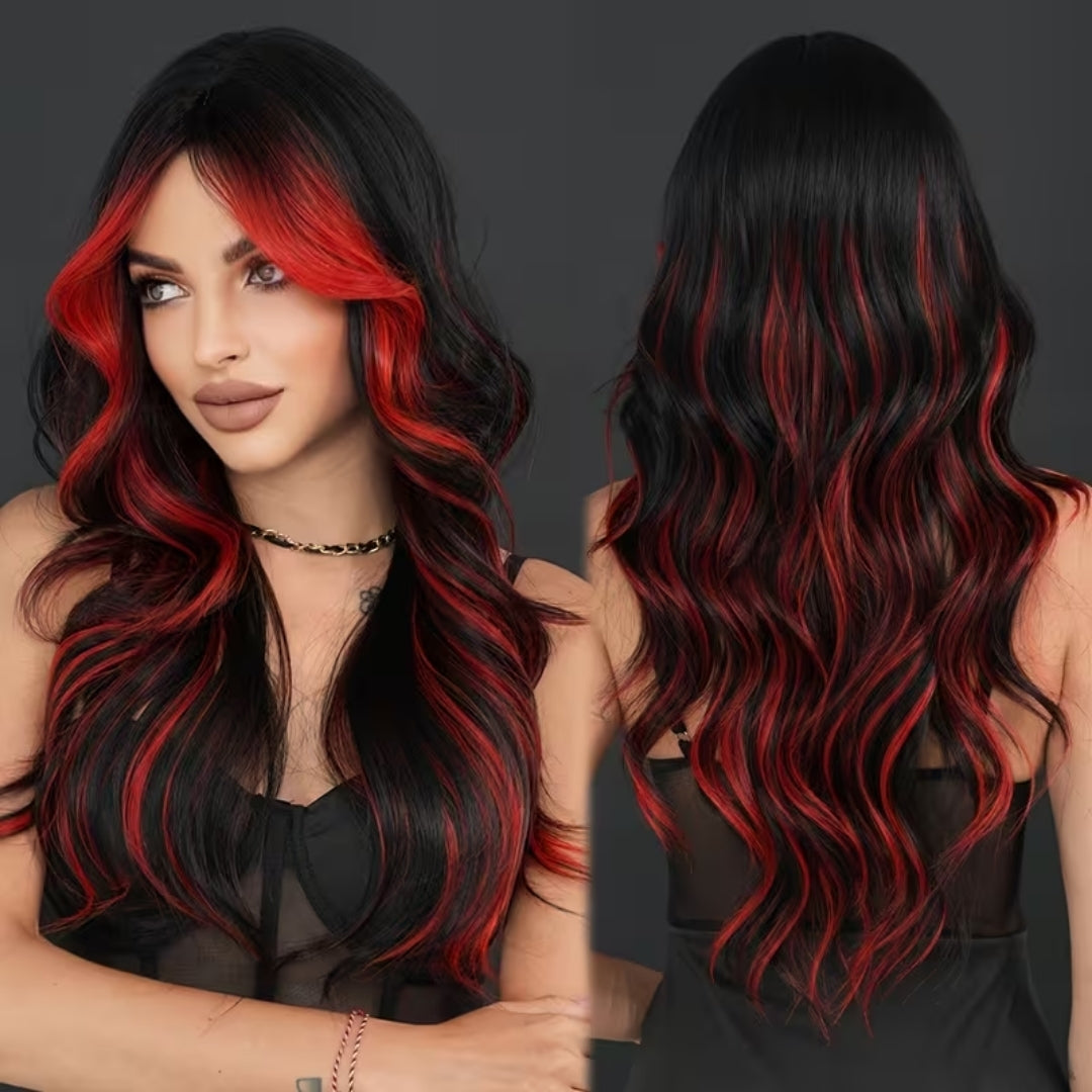 Crimson Ombré Curly Halloween Wig – Long Wavy Synthetic Hair for Costume Parties & Cosplay Events | Thomler