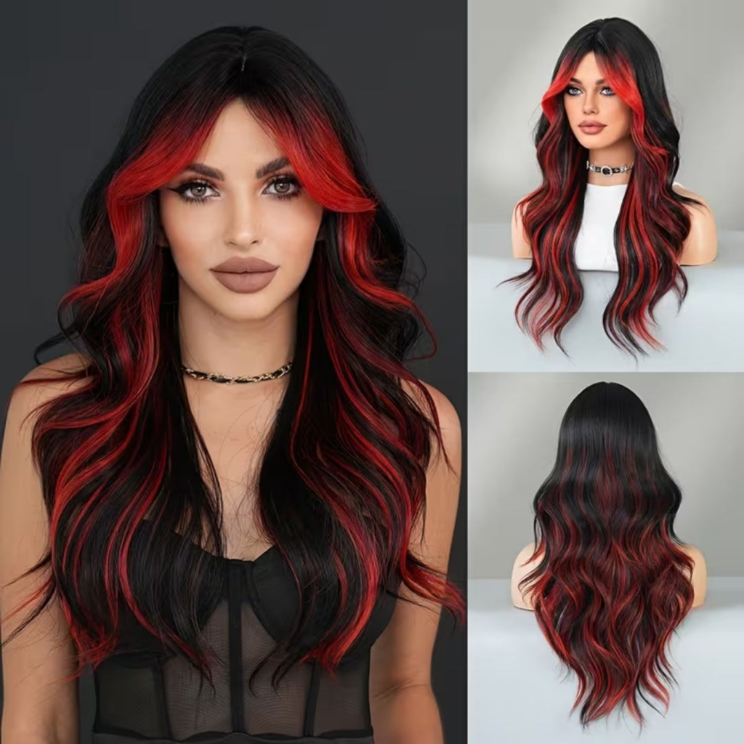 Crimson Ombré Curly Halloween Wig – Long Wavy Synthetic Hair for Costume Parties & Cosplay Events | Thomler