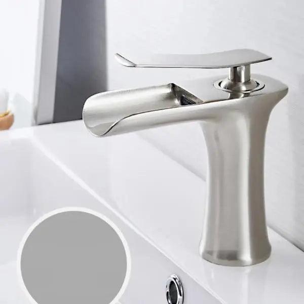 Deck-Mount Bathroom Faucet with Single Lever Control in Polished Metallic Finish for Sink | Contemporary Waterfall Spout Fixture | Easy Inst | Thomler