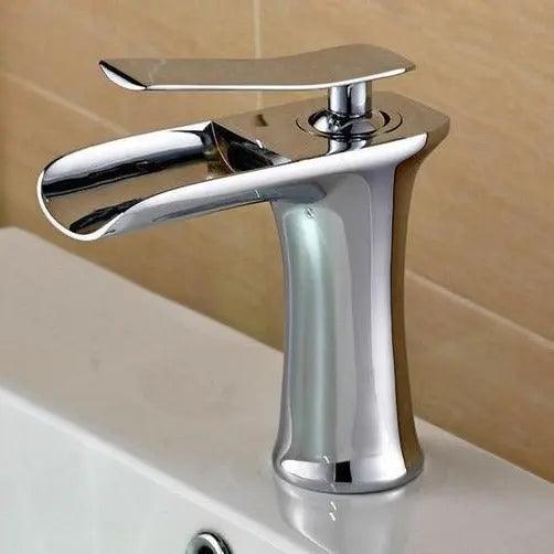 Deck-Mount Bathroom Faucet with Single Lever Control in Polished Metallic Finish for Sink | Contemporary Waterfall Spout Fixture | Easy Inst | Thomler