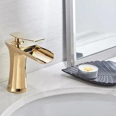 Deck-Mount Bathroom Faucet with Single Lever Control in Polished Metallic Finish for Sink | Contemporary Waterfall Spout Fixture | Easy Inst | Thomler