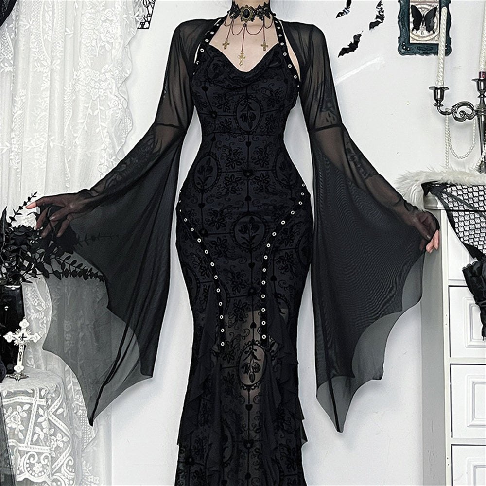 Spider Web Sheer Overlay Top with Bell Sleeves – Layering Piece for Women's Spooky Season Outfits & Party Wear | Thomler