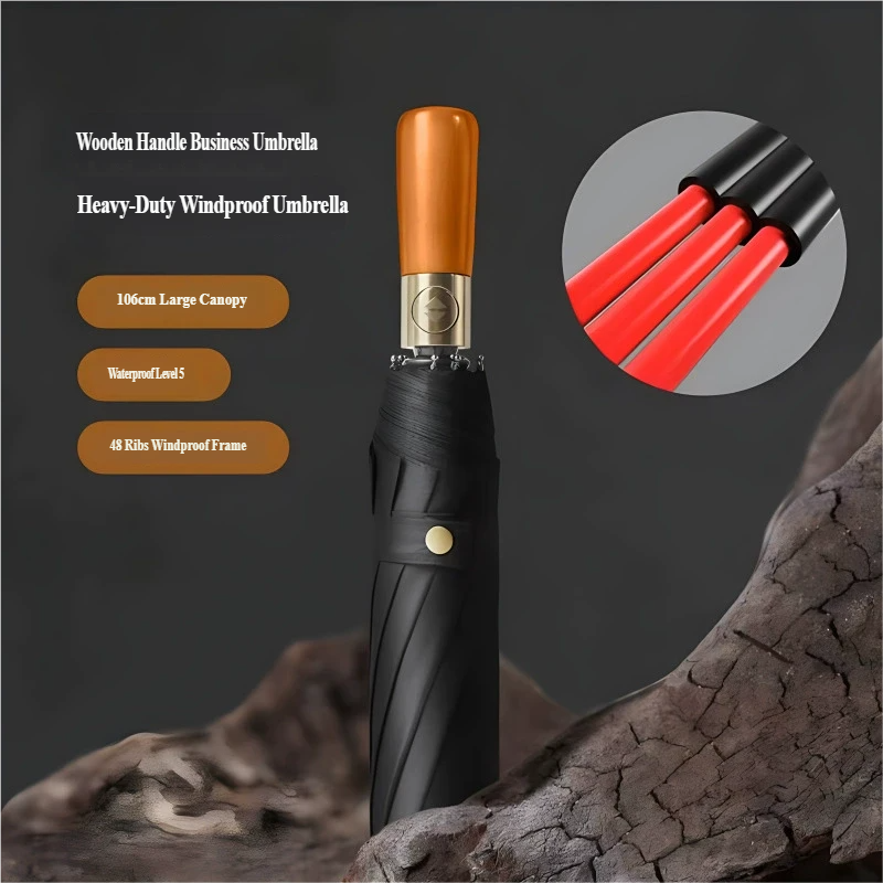 Windproof Auto-Open Compact Umbrella with Wood Grip for Rain & Travel – Large Canopy Folding Design for Golf, Commute & Everyday Storm | Thomler