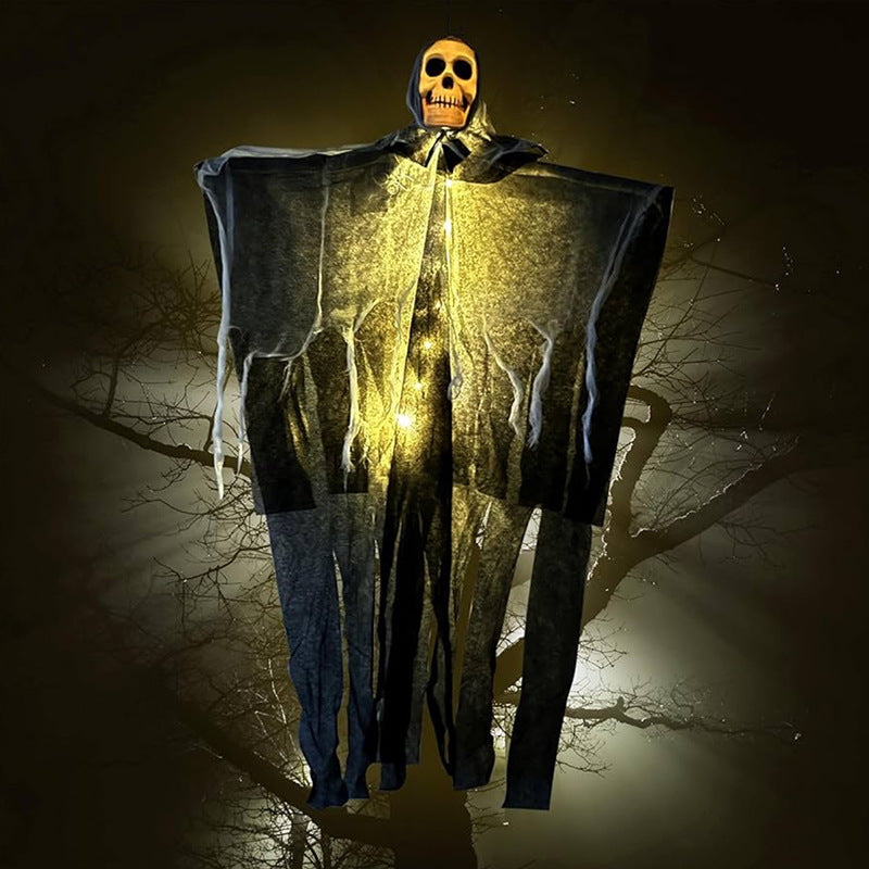 Illuminated Skeleton Specter Hanging Prop – Light-Up Skull Figure with Draping Fabric for Spooky Outdoor Displays, Porches & Halloween | Thomler
