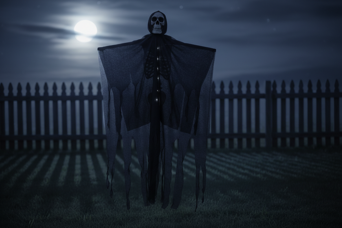 Illuminated Skeleton Specter Hanging Prop – Light-Up Skull Figure with Draping Fabric for Spooky Outdoor Displays, Porches & Halloween | Thomler