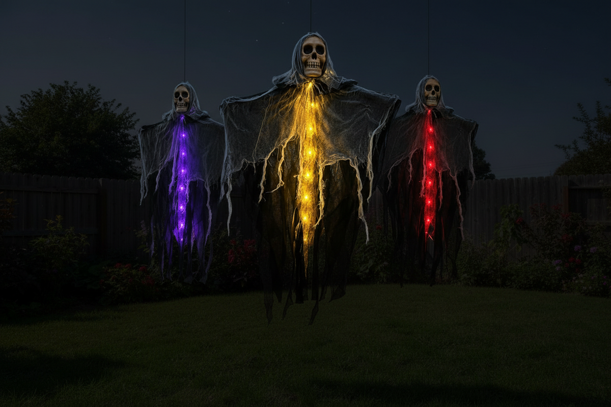 Illuminated Skeleton Specter Hanging Prop – Light-Up Skull Figure with Draping Fabric for Spooky Outdoor Displays, Porches & Halloween | Thomler