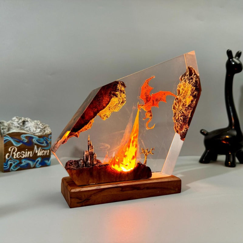 Dragon Sculpture Accent Lamp with LED Flame Effect for Nightstand & Shelf | Thomler