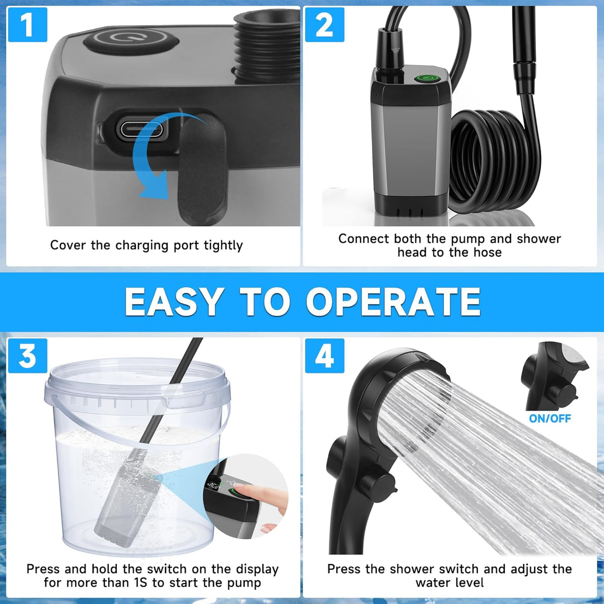 Rechargeable Camp Shower Pump with Digital Screen for RV & Outdoor Travel | Thomler