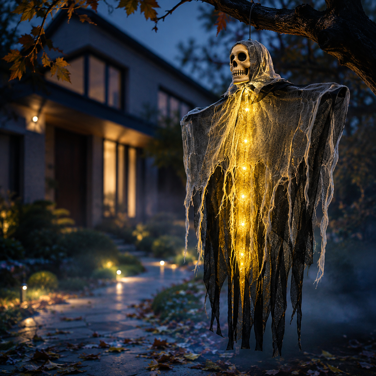 Illuminated Skeleton Specter Hanging Prop – Light-Up Skull Figure with Draping Fabric for Spooky Outdoor Displays, Porches & Halloween | Thomler
