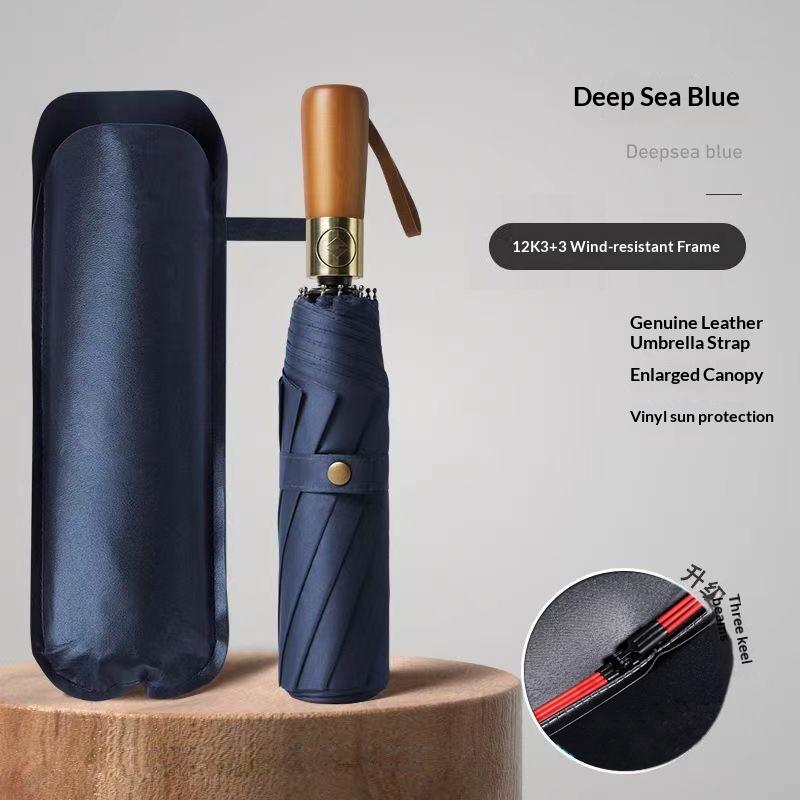 Windproof Auto-Open Compact Umbrella with Wood Grip for Rain & Travel – Large Canopy Folding Design for Golf, Commute & Everyday Storm | Thomler