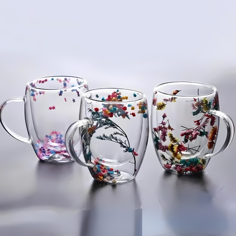 Double Wall Glass Coffee Mug with Real Dried Flowers – Insulated Cappuccino Cup for Hot & Cold Drinks, 10.5 oz Borosilicate Glass Tea Mug | Thomler