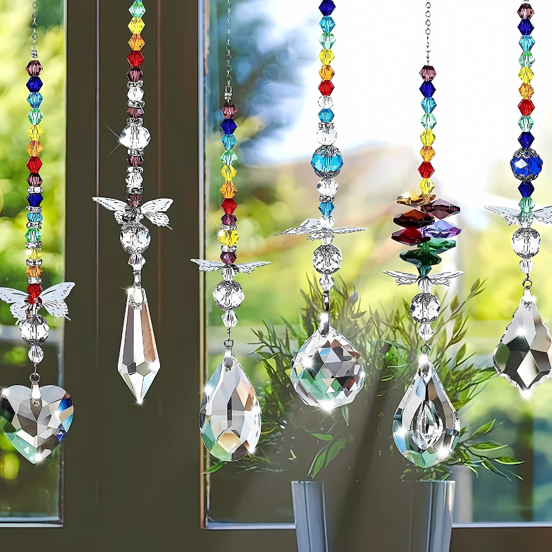 Crystal Rainbow Suncatcher with Butterfly Accents – Set of 6 Window Prism Ornaments for Light Display & Home Decor – Indoor Outdoor | Thomler