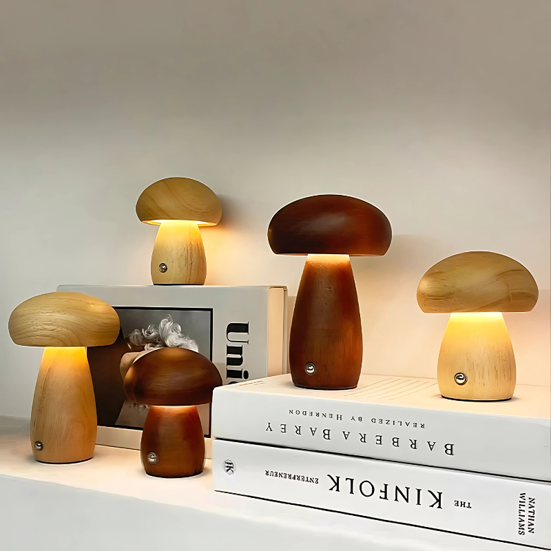 Mushroom Table Lamp Cordless Dimmable LED Touch Night Light Solid Wood Bedside Desk Lamp for Bedroom Nursery Kids Room Living Room Reading | Thomler
