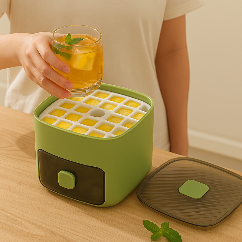 Ice Cube Maker with Press Release Storage Container for Kitchen Freezer Picnics | Thomler