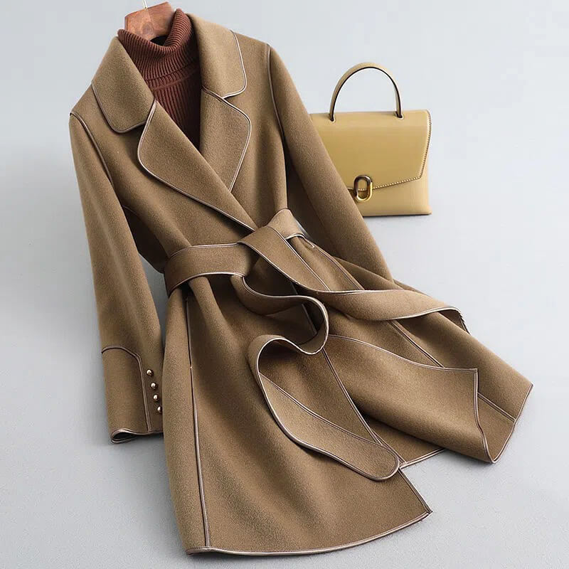 Women's Knee-Length Wool Overcoat with Waist Tie & Mini Handbag – Structured Lapel Jacket for Fall & Winter | Thomler