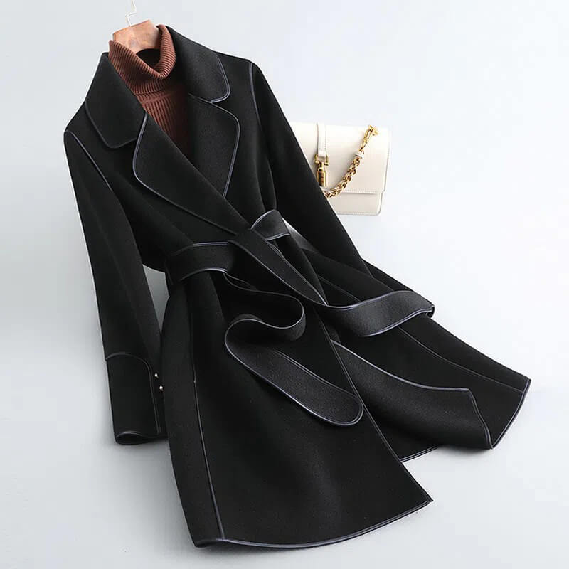 Women's Knee-Length Wool Overcoat with Waist Tie & Mini Handbag – Structured Lapel Jacket for Fall & Winter | Thomler