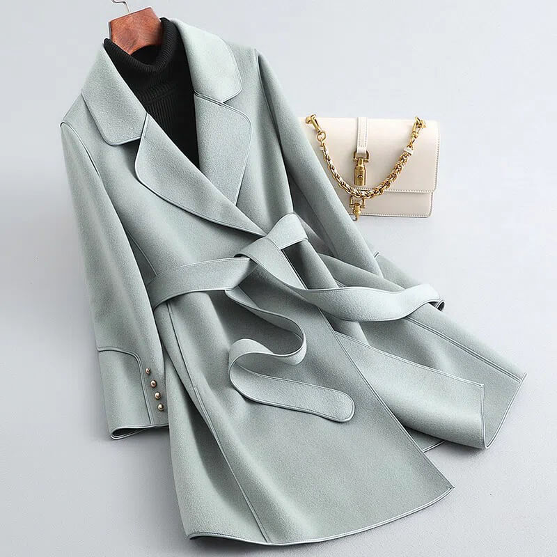 Women's Knee-Length Wool Overcoat with Waist Tie & Mini Handbag – Structured Lapel Jacket for Fall & Winter | Thomler