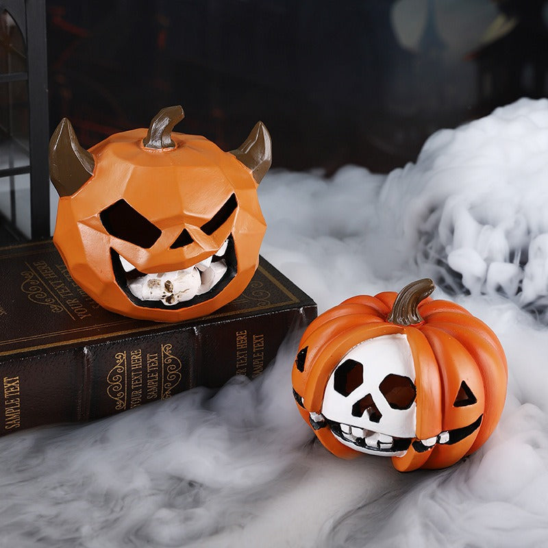 Creepy Jack-O'-Lantern & Skeleton Head Resin Statue for Halloween Decor – Desktop, Shelf & Mantel Display Piece | Thomler
