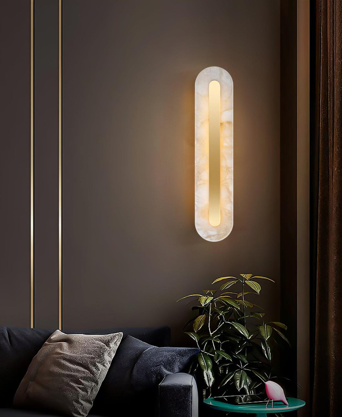 Alabaster Wall Sconce with Brass Accents – Modern LED Fixture for Living Room, Hallway & Bedroom | Thomler