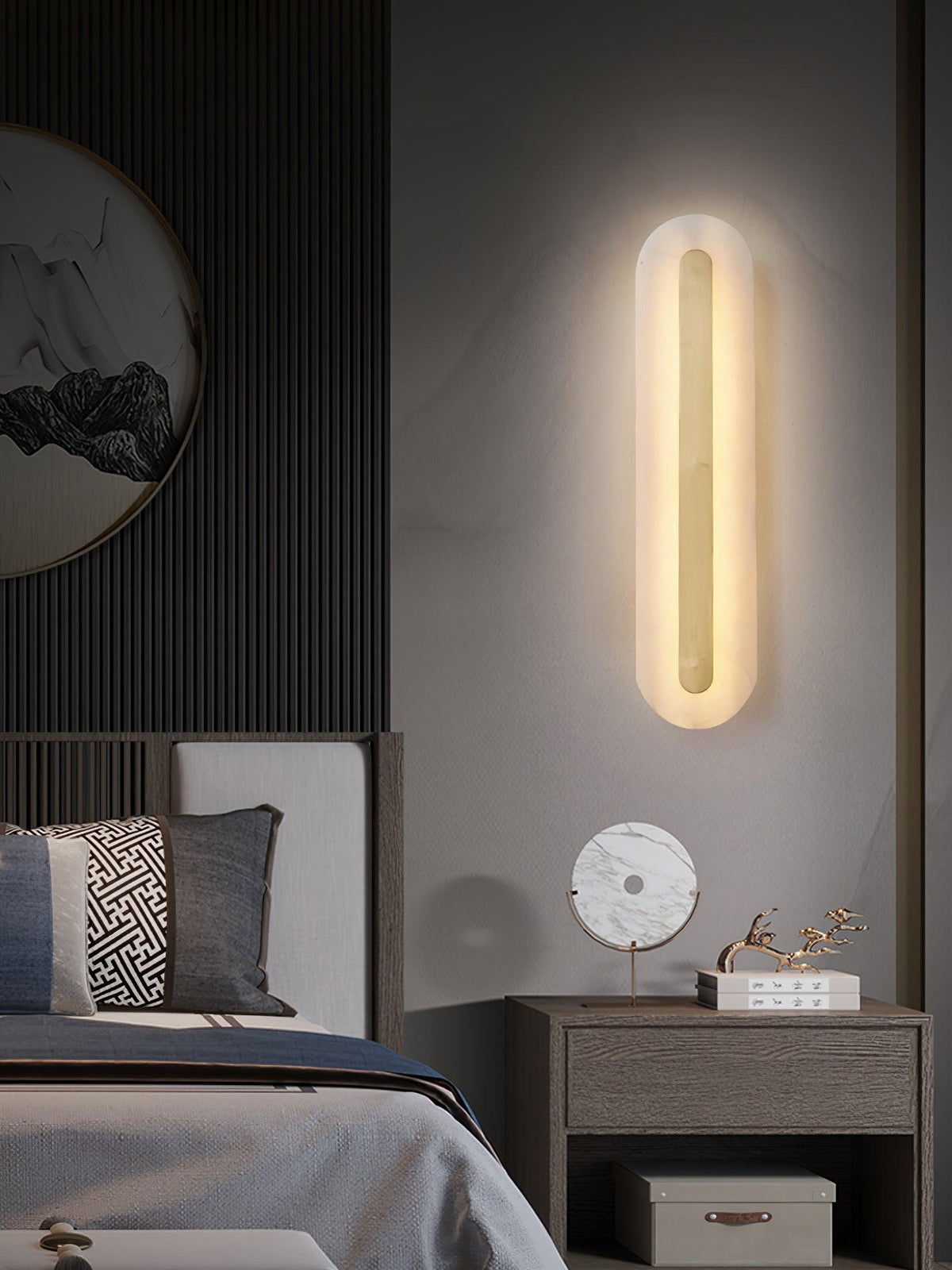 Alabaster Wall Sconce with Brass Accents – Modern LED Fixture for Living Room, Hallway & Bedroom | Thomler