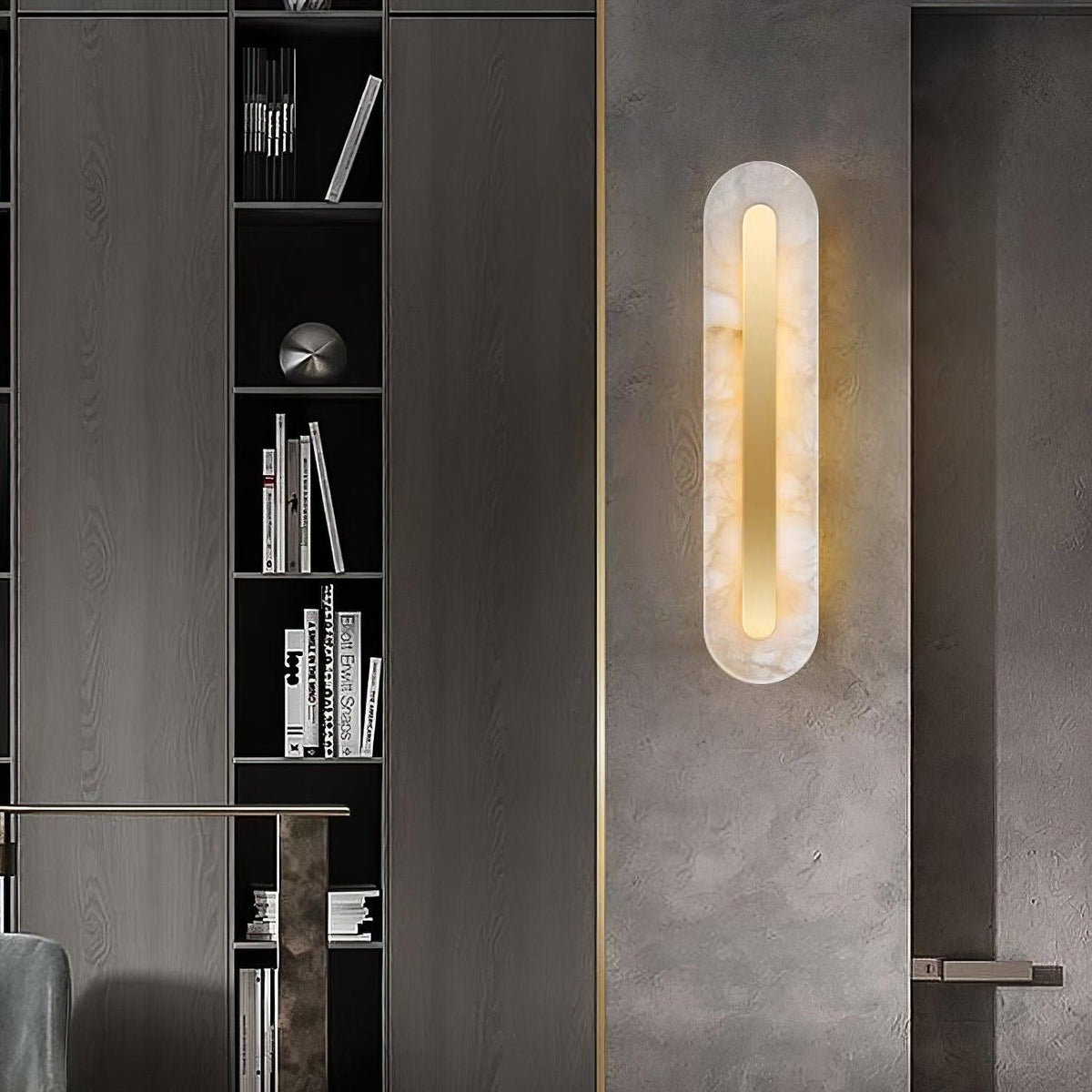 Alabaster Wall Sconce with Brass Accents – Modern LED Fixture for Living Room, Hallway & Bedroom | Thomler