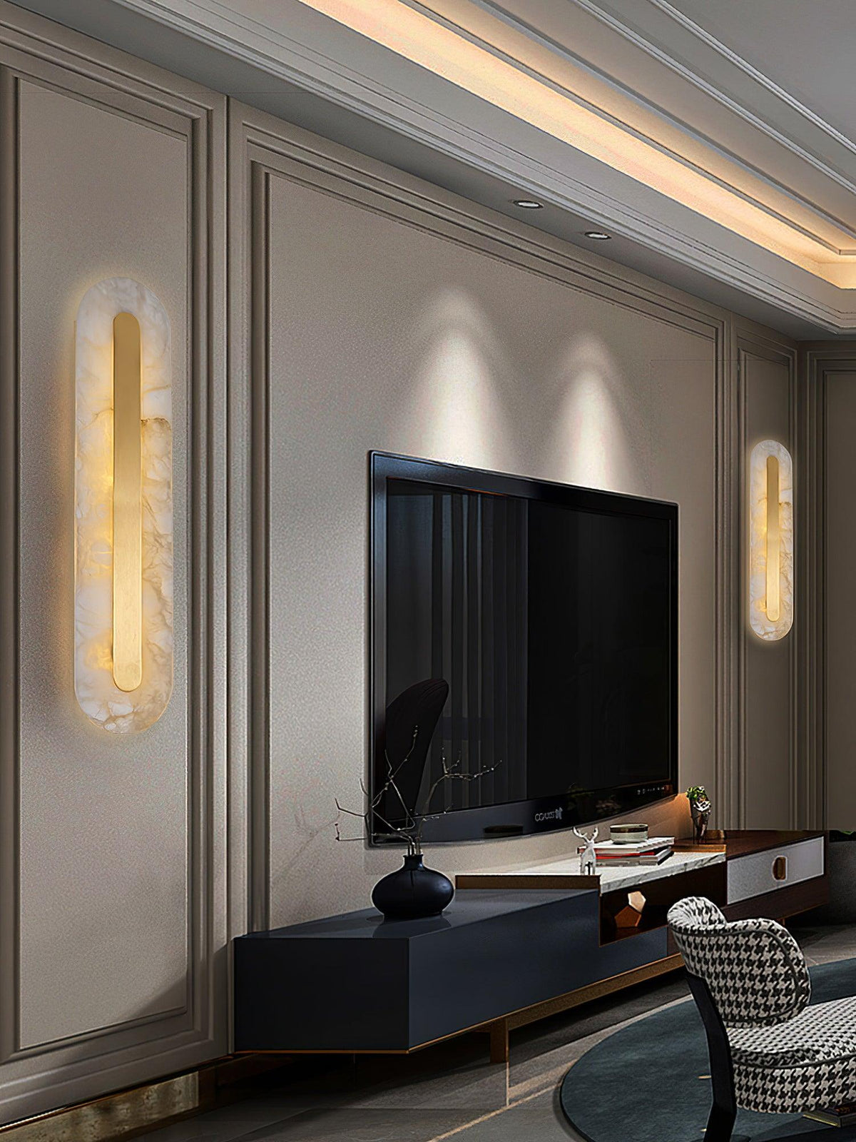 Alabaster Wall Sconce with Brass Accents – Modern LED Fixture for Living Room, Hallway & Bedroom | Thomler