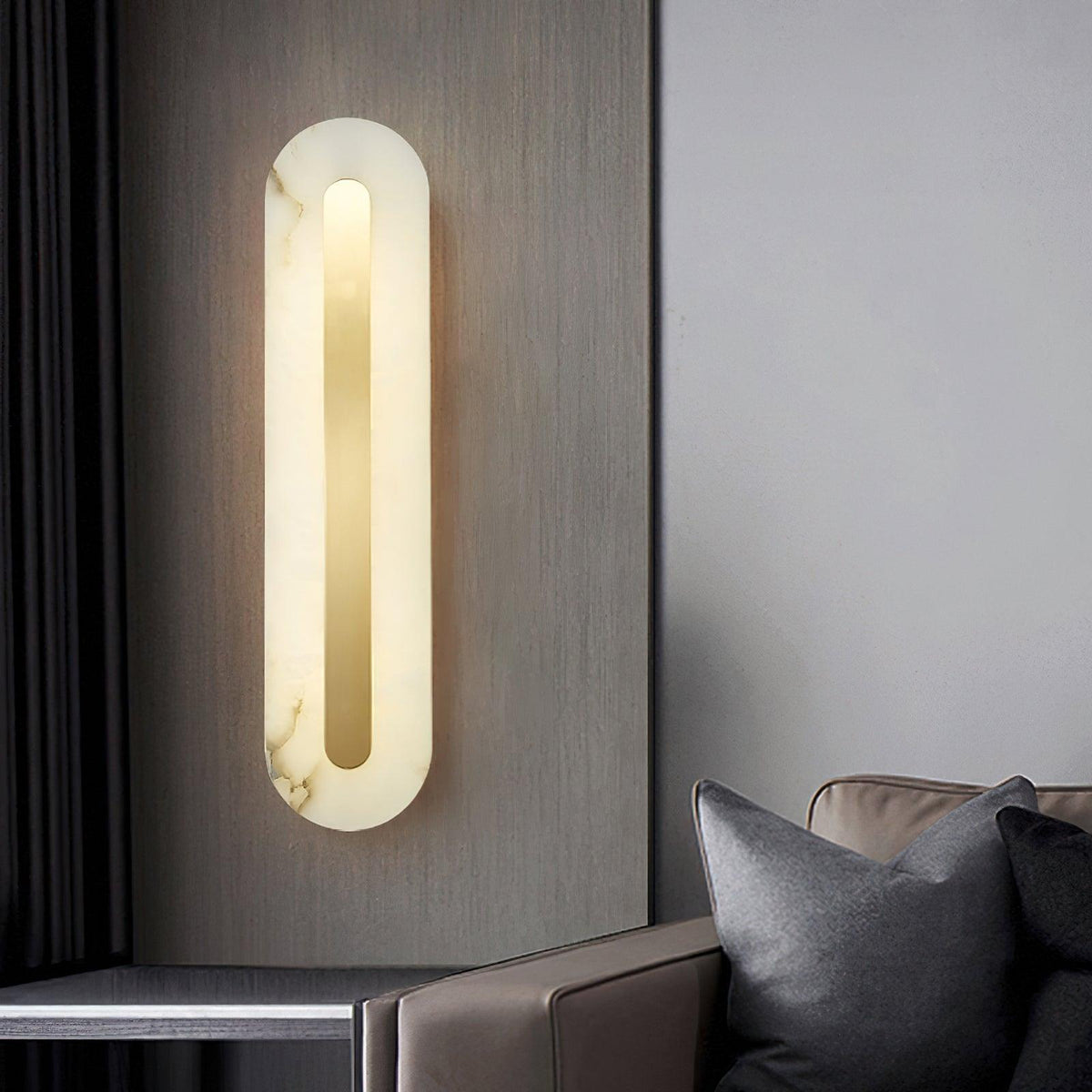 Alabaster Wall Sconce with Brass Accents – Modern LED Fixture for Living Room, Hallway & Bedroom | Thomler