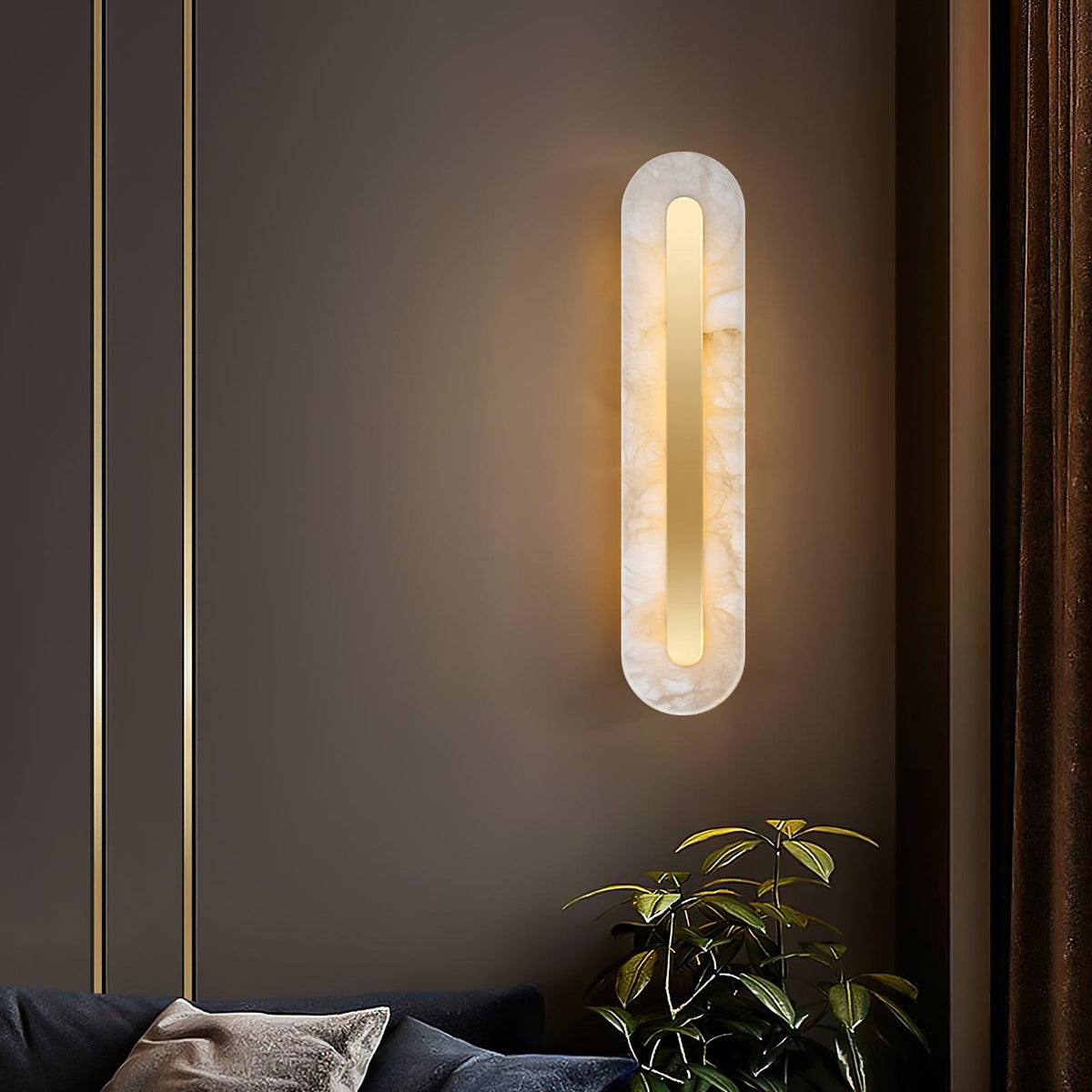 Alabaster Wall Sconce with Brass Accents – Modern LED Fixture for Living Room, Hallway & Bedroom | Thomler