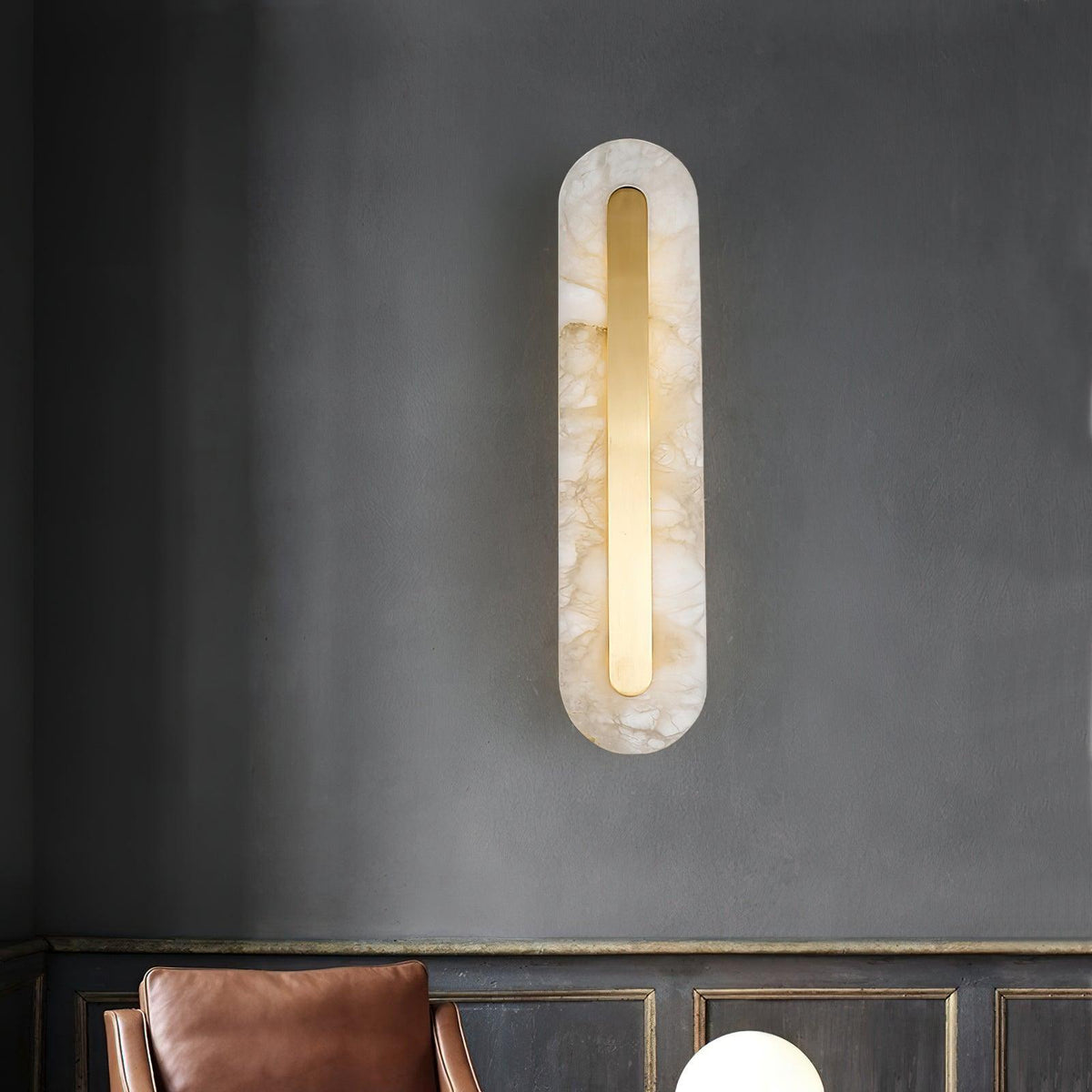 Alabaster Wall Sconce with Brass Accents – Modern LED Fixture for Living Room, Hallway & Bedroom | Thomler