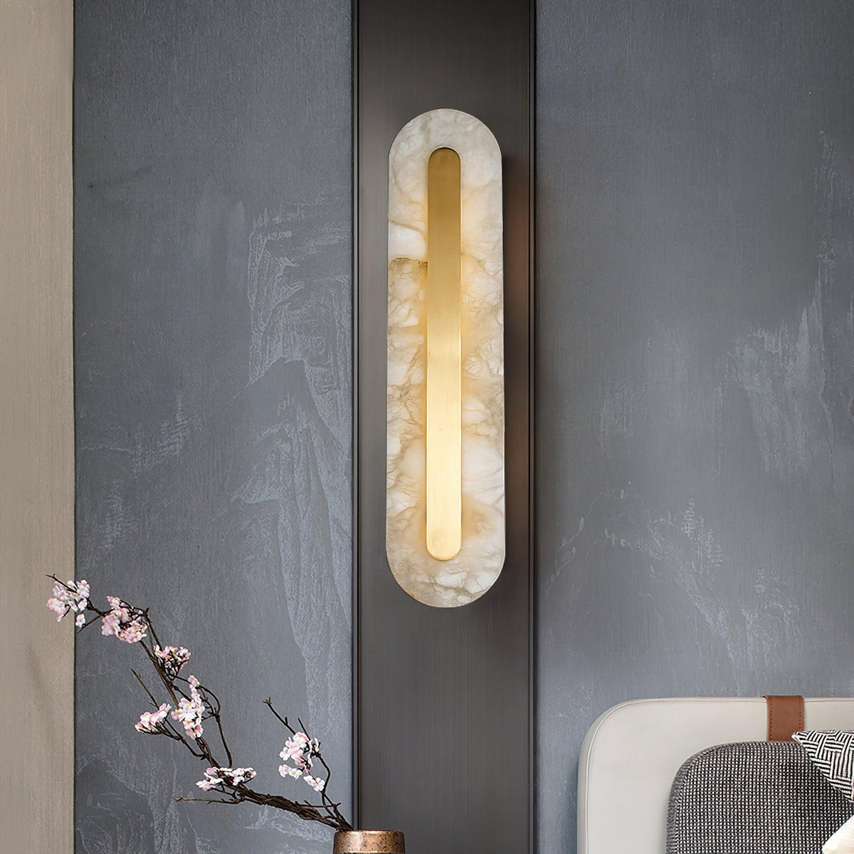 Alabaster Wall Sconce with Brass Accents – Modern LED Fixture for Living Room, Hallway & Bedroom | Thomler