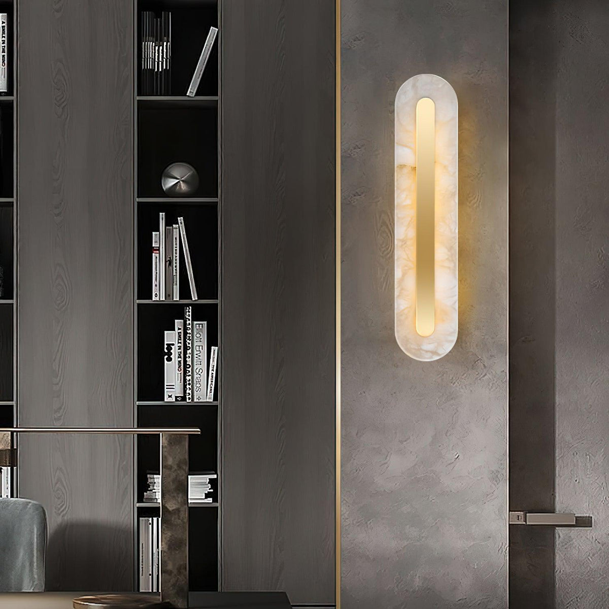 Alabaster Wall Sconce with Brass Accents – Modern LED Fixture for Living Room, Hallway & Bedroom | Thomler